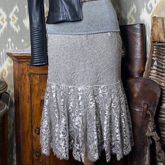 Ralph Lauren Silver Lace Midi Godet Trumpet Skirt - Picture 15 of 16